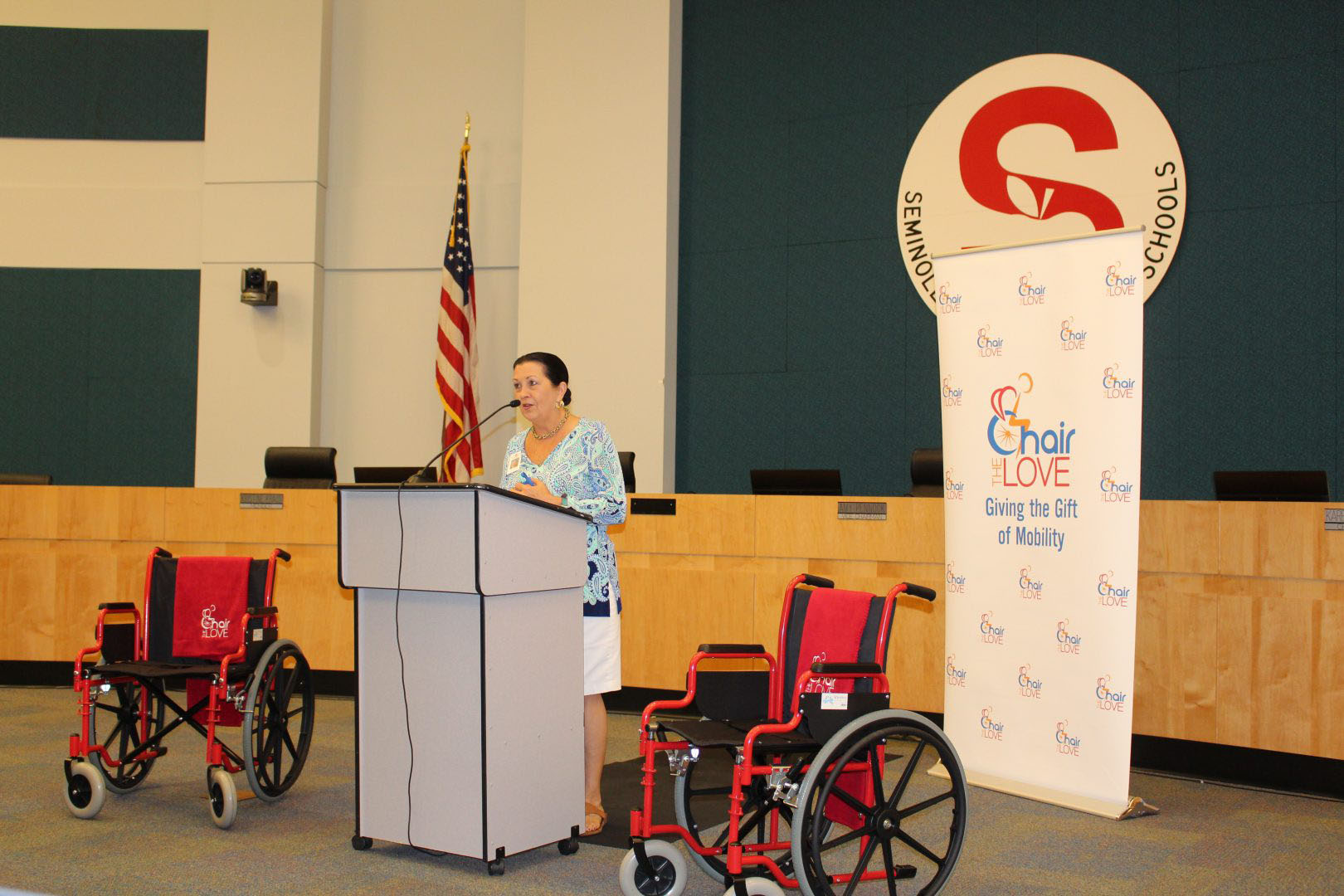 announcement about gifted wheelchairs at a school